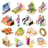 Cozy Winter Isometric Icons Vector Illustration