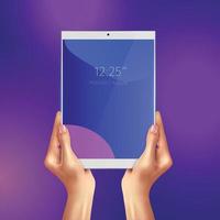 Hands Holding Realistic White Tablet Vector Illustration