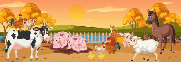 Panorama landscape scene with various farm animals in the farm vector