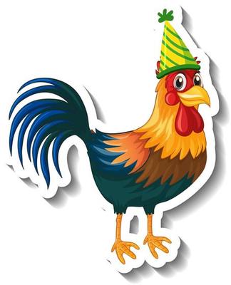 A sticker template with Chicken wearing party hat cartoon character