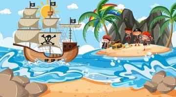 escena de la isla del tesoro durante el día con niños piratas vector