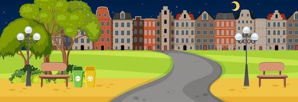 Scene at night time with road through the park into town vector