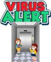 Diseño de fuente de alerta de virus con dos niños manteniendo la distancia social aislada vector