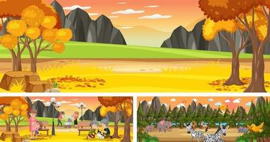 Set of different outdoor landscape scenes with cartoon character vector