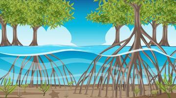 escena de la naturaleza con bosque de manglares durante el día en estilo de dibujos animados vector