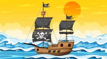 Océano con barco pirata en la escena del atardecer en estilo de dibujos animados vector