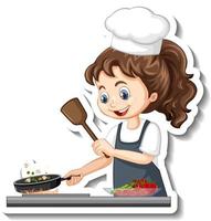 Pegatina de personaje de dibujos animados con chef chica cocinando vector