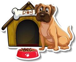 Sticker design with pug standing in front of dog house vector