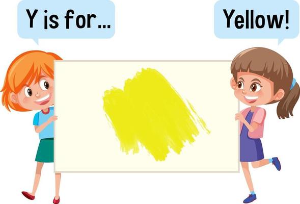 Cartoon character of two kids holding colour vocabulary banner