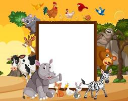 Empty wooden frame with various wild animals in the forest vector