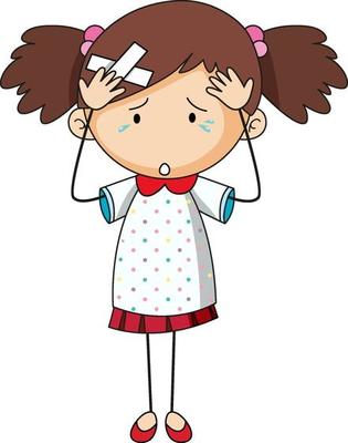 Doodle cartoon character of a girl having headache