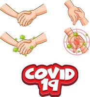 Covid-19 font design with virus spreads from shaking hands vector