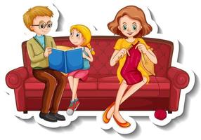 Sticker template with family members doing activities on sofa vector