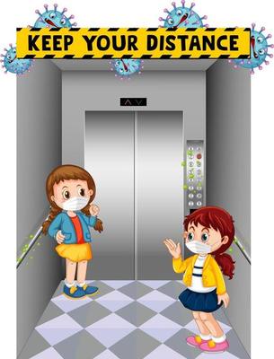 Keep your distance font with kids keeping social distance in elevator