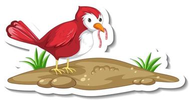 Sticker template with a red bird eating worm on white background vector