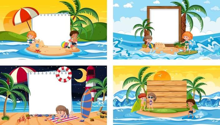 Set of different tropical beach scenes with blank banner