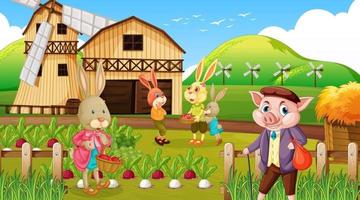 Farm at daytime scene with rabbit family and a pig cartoon character vector