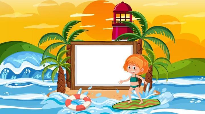 Empty banner template with kids on vacation at the beach sunset scene