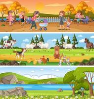 Different panoramic nature landscape set with cartoon character vector