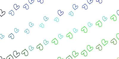 Light Blue, Green vector pattern with colorful hearts.