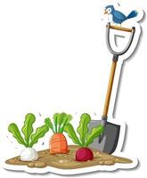 Sticker template with root vegetables and shovel isolated