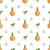 seamless pattern with garlic, onion and parsley herb. Vegetable print vector