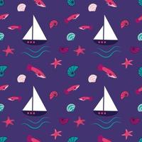 Bright marine pattern with fantastic fish, ships, starfish and shells vector