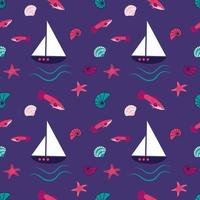 Bright marine pattern with fantastic fish, ships, starfish and shells vector