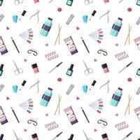 Seamless pattern with a bottle of nail polish and manicure tools vector