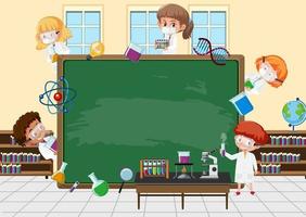 Empty blackboard with scientist kids cartoon character vector