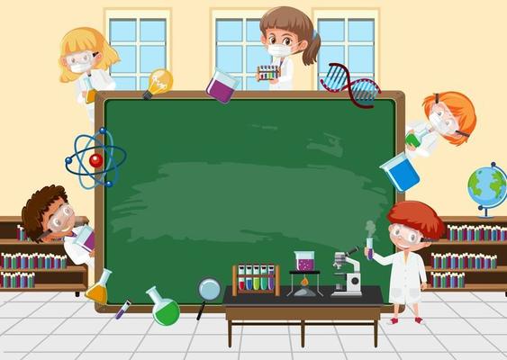 Empty blackboard with scientist kids cartoon character