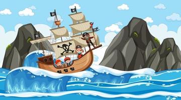 Beach with Pirate ship at daytime scene in cartoon style vector