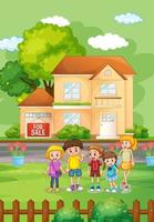 Outdoor house scene with many children vector