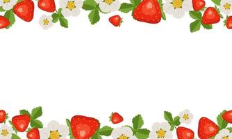 Frame with strawberries, leaves and flowers on a white background. Bright fruit square pattern. Summer food banner vector