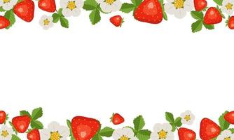 Frame with strawberries, leaves and flowers on a white background. Bright fruit square pattern. Summer food banner vector