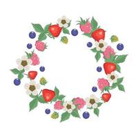 Frame with raspberries, strawberries, blueberries, leaves and flowers on a white background. Round wreath with berries. Bright fruity summer pattern vector