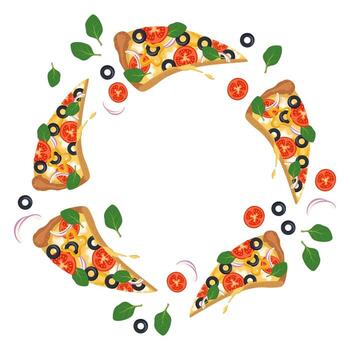 Bright round frame with pizza slices. Fast food print with vegetables and cheese and herbs. Design for pizzeria menu, paper, cafe and restaurant vector