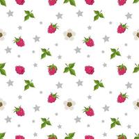 Seamless pattern with raspberries, flowers and leaves vector