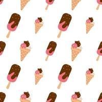 Seamless pattern with popsicle ice cream with chocolate and waffle cup vector