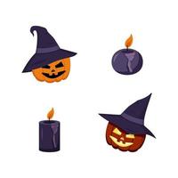pumpkins with hat face. Halloween symbol, carved lantern and candles vector