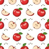 Seamless pattern with red apples, seeds and leaves. vector