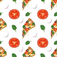 fondo brillante con rebanadas de pizza, rúcula, tomates y cebollas. impresión de comida rápida con verduras y queso. diseño para textil, papel, cafetería y restaurante. vector