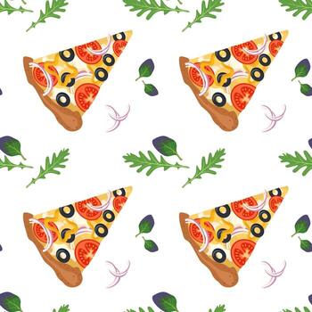 patrón transparente brillante con rebanadas de pizza. impresión de comida rápida vector