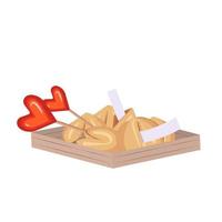 Chinese fortune cookies and red hearts candy in a wooden box vector