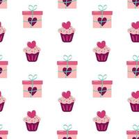 Valentine day seamless pattern with gift, cake and hearts vector