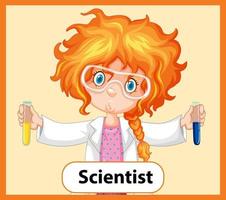 Educational English word card of scientist girl with messy hair vector