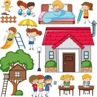 Set of many children with a house vector