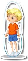 Cartoon character sticker with a boy jumping rope vector