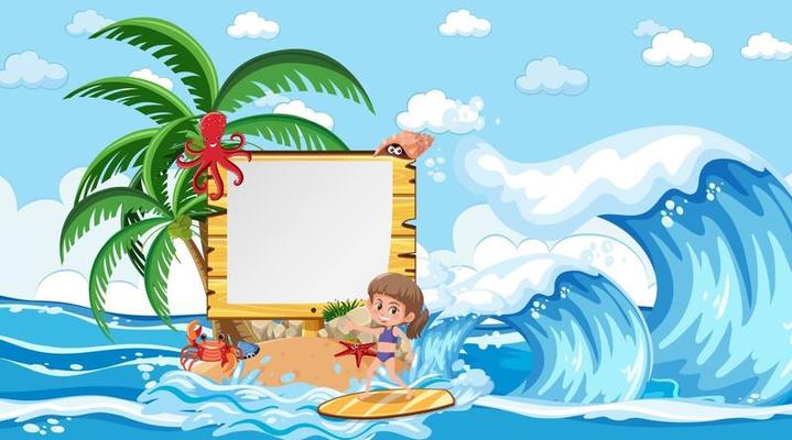 Empty banner template with kids on vacation at the beach daytime scene