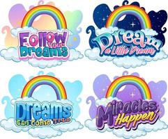 Set of different unicorn font typography with rainbows isolated vector